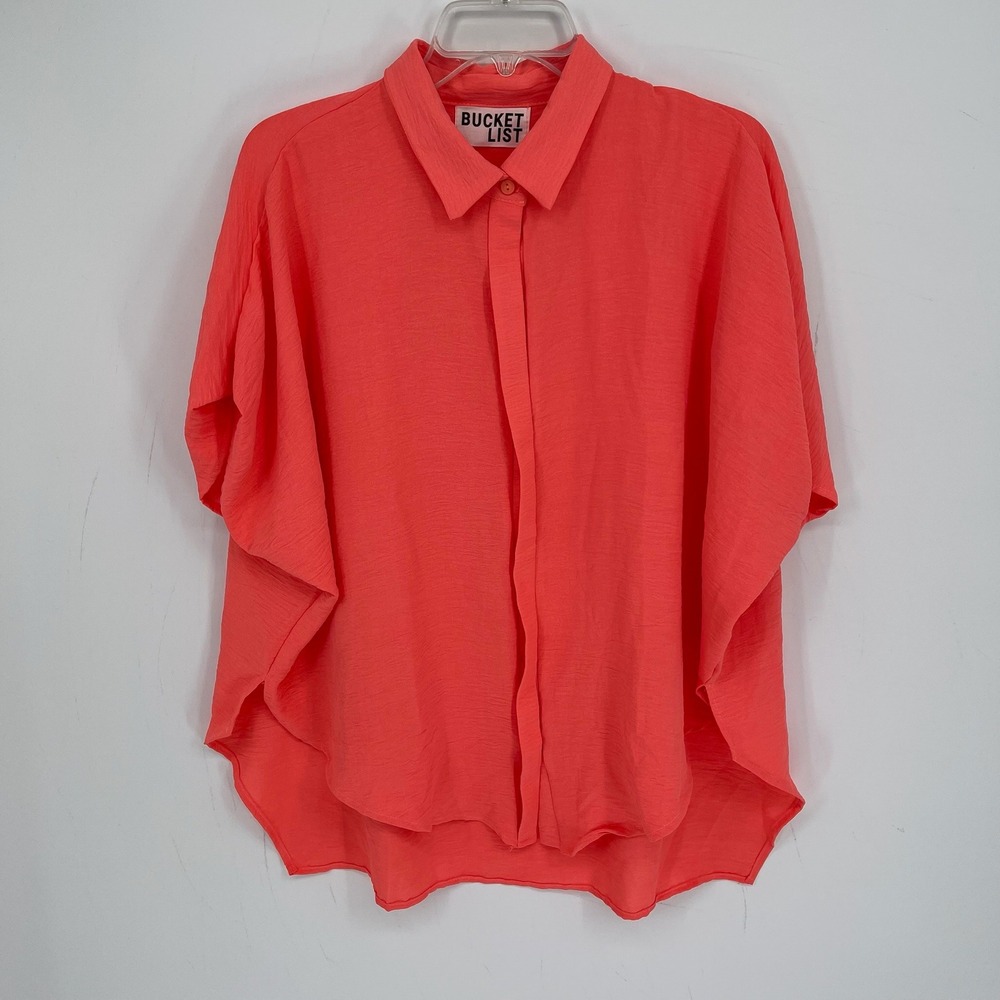 Bucket List Women's Coral Pink Dolman Sleeve Collared Button Front Blouse Size M